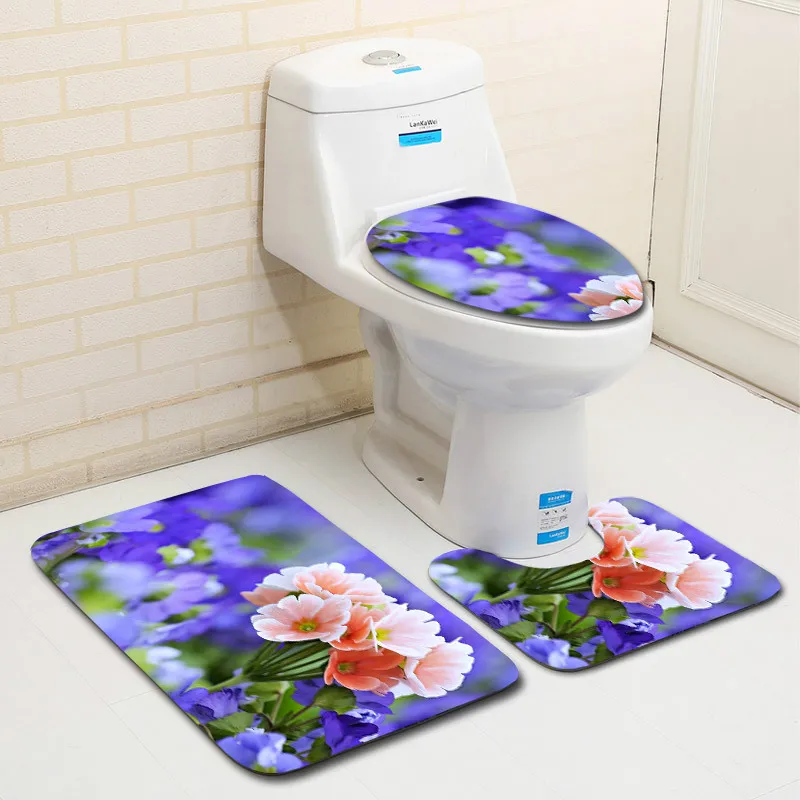 

Beautiful Flower Bath Mat Toilet Three-piece Set Carpet Waterproof Bathroom Carpets Toilet Seat Cover Floor Mat Bathroom Decor