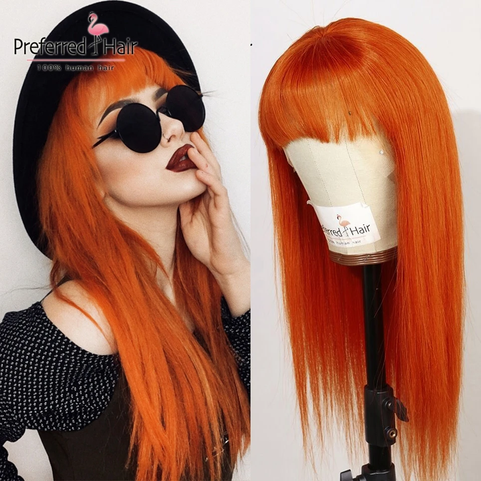 Orange Wig Предпочтительный цвет красный, оранжевый, 13x6 Синтетические волосы на кружеве парики с челкой бразильский Реми прямые розовый парики из натуральных волос с Африканской структурой, прозрачные кружевные парики для Для женщин - Цвет: Orange Wig