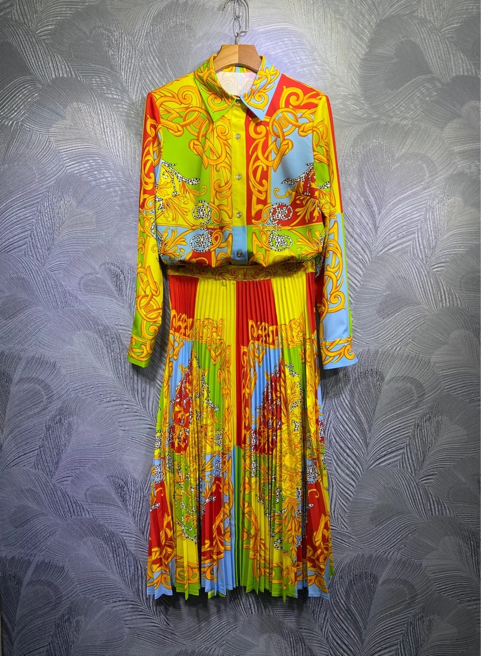 

Chic Women's High quality elegant skirt suit Hot fashion retro print Shirts+pleated skirts two piece set C411