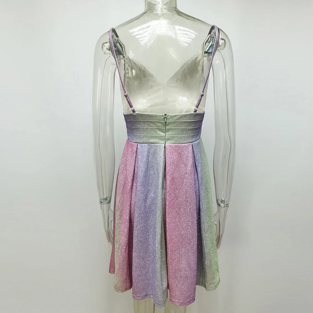 

Fyrneh New Ladies Summer Gradient A-Line Shiny Strappy Dress Sexy Casual Simple Elegant Bodycon Vintage Chic Backless Vestidos