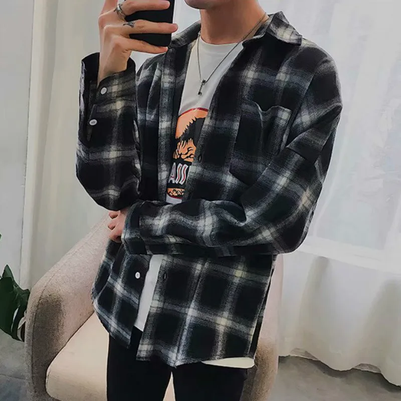 

Shirts Men Plaid All-match Comfortable Hot Sale Mens BF Fashion Clothes Korean Style Retro Shirt Males Loose Daily Ulzzang Tops