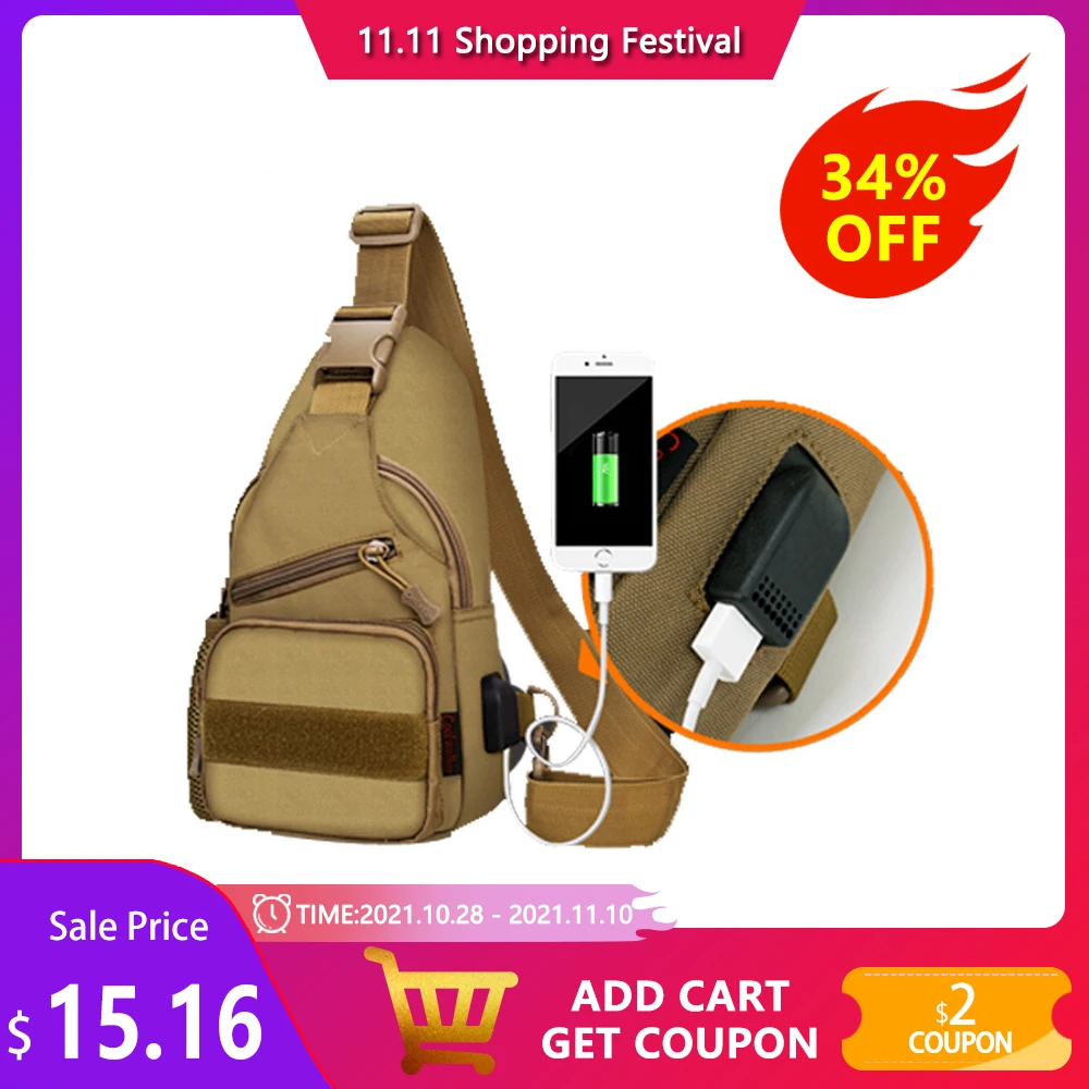 

Men Tactical Chest Bags Waterproof USB Charging Travel Messenger Bag With Water Bottle Cover Male Satchel Crossbody Shoulder Bag