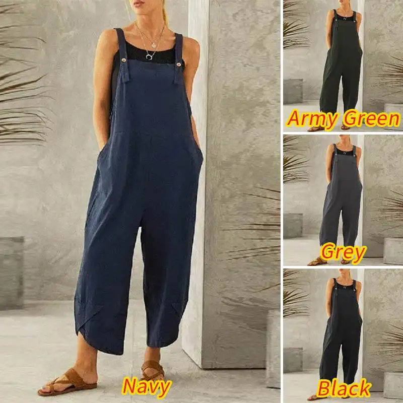 

VONDA Autumn Rompers 2021 Casual Sexy Sleeveless Loose Spaghetti Strap Solid Playsuits Loose OL Office Overalls Plus Size Pants