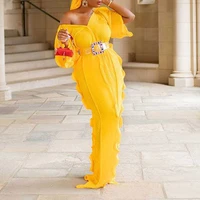 african women long dress sexy v neck ruffle sleeve chiffon party robe femme autumn pleated office vestidos with belt and scarf