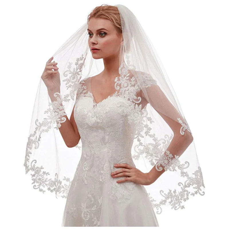 Красивая кружевная боковая инкрустированная Цветочная свадебная вуаль для