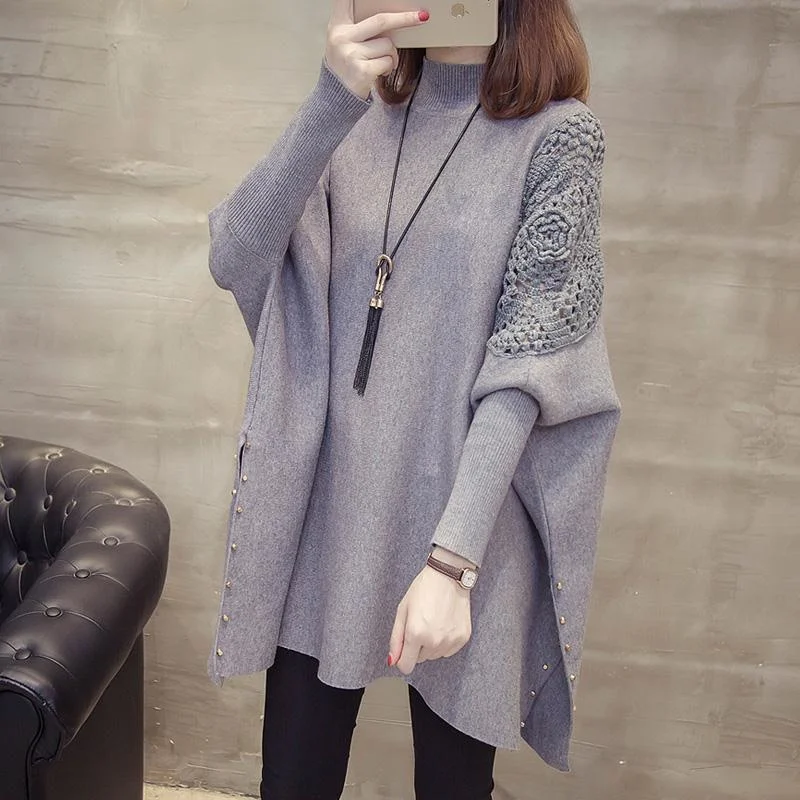 

Fashion Clothing Loose-Fitting Latest Hollow Out Tassel Sweater Pullover Women Turtleneck Shawl Sleeves Cloak Ponchos Cape