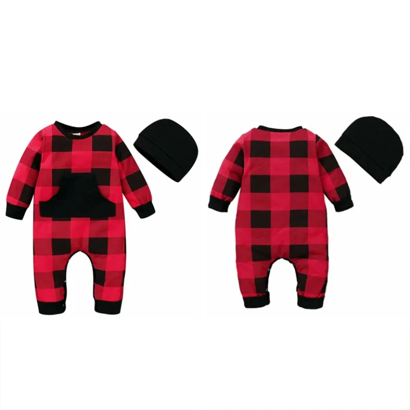 

Autumn Baby Girl Boy Plaid Pattern Infant Long Sleeve Bodysuit+Hat Newborn Romper Outfits Set