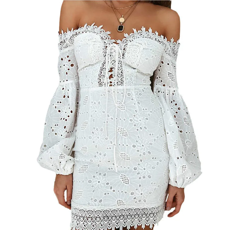 

Fanco Fashion Beach Sundress Sexy Off Shoulder Women White Embroidery Elegant Dresses Spring Summer Bandage Bodycon Long Sleeve