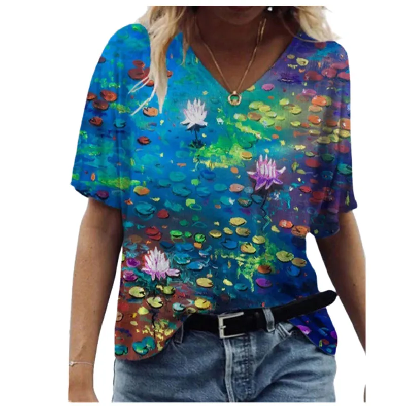

3D Tree Plant Flowers Print T Shirt Women 2021 New Summer Casual Loose Plus Size Tops Street Ladies Short Sleeve V-Neck Tee Top
