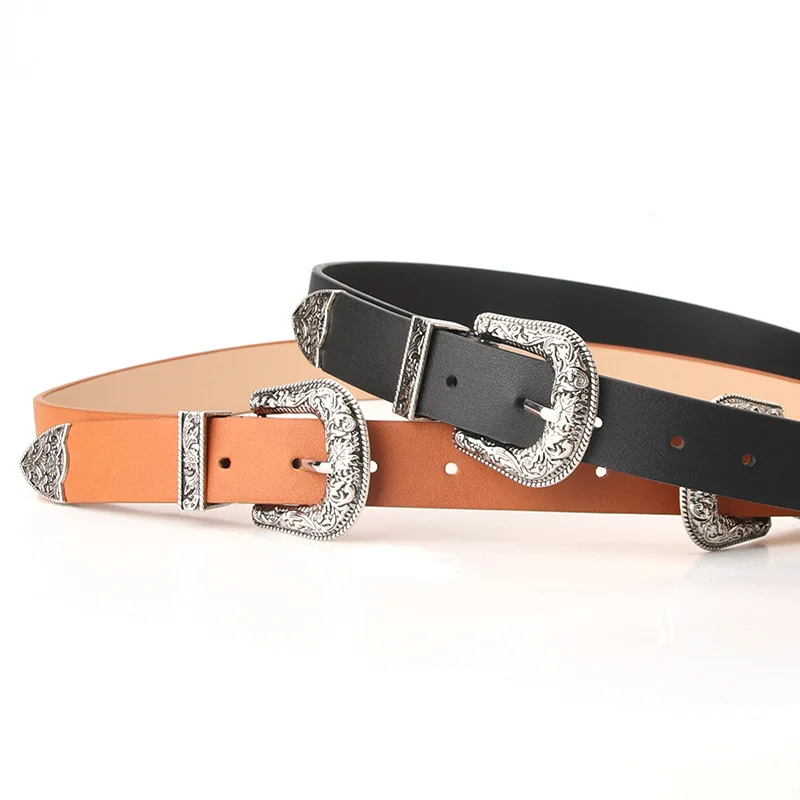 

High Quality Women's Leather Belt Western Cowgirl Waist Belts Double Metal Buckle Waistband Ladies Luxury Designer Waist Strap