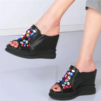 increasing height party pumps womens genuine leather rhinestone sandals platform wedge mules slides slippers summer high heels