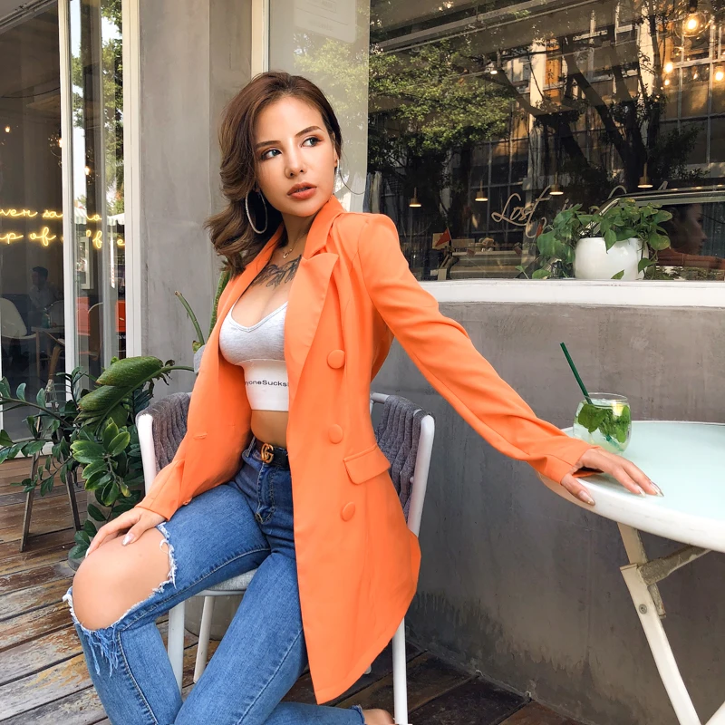 

2019 long sleeve slim blazer dress autumn winter women fashion pure orange streetwear outfits windbreak