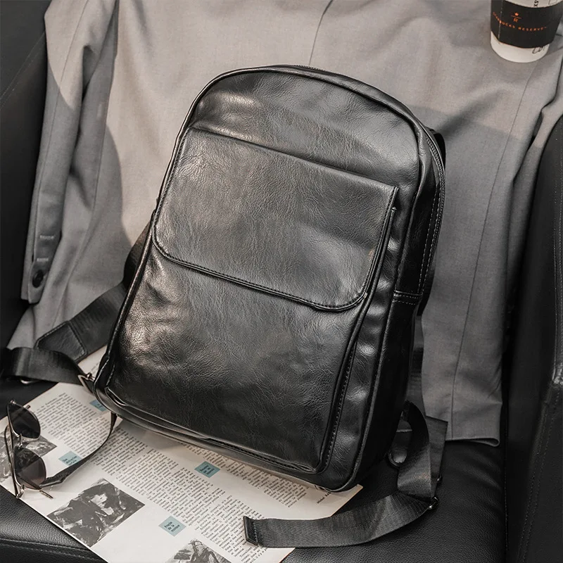 

2021 New Business Men Laptop Backpack Trendy Black Bagpacks For Mens Back Pack Leather Zipper Backpack Large Student School Bag