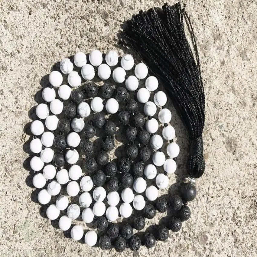 8mm Natural black Lava Howlite Gemstone 108 Beads Mala Necklace pray yoga Buddhism Wristband Fancy Lucky Bless Meditation