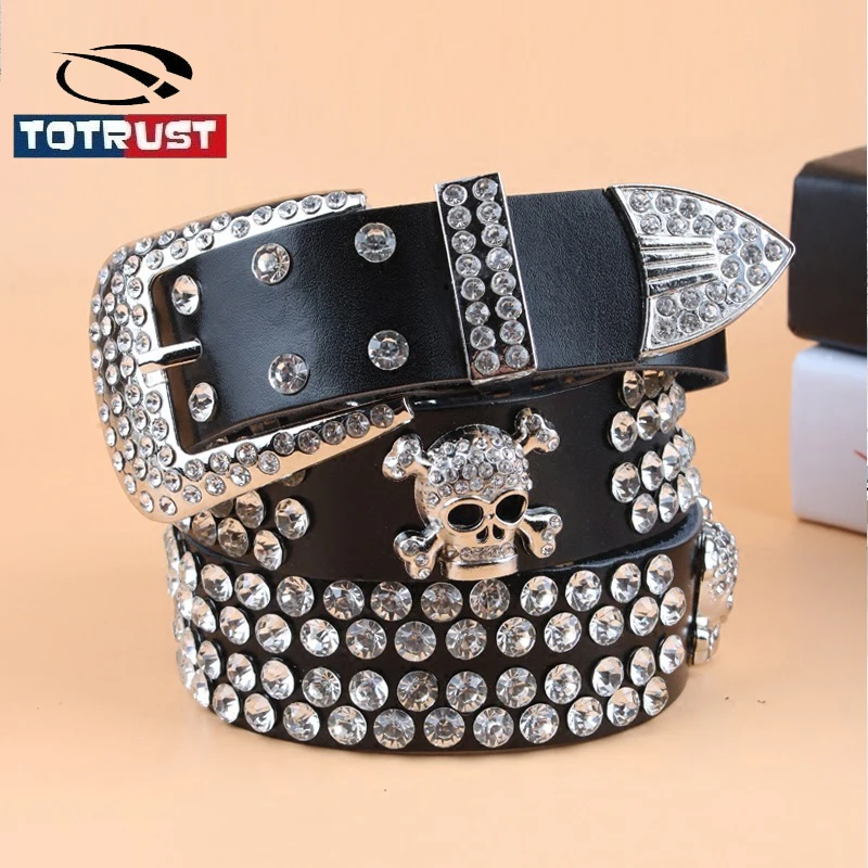 TOTRUST Wide Buckle Belt For Women Woman Vintage Rhinestone Skull Belts Second Layer Cow Skin Top Quality Strap Female For Jeans