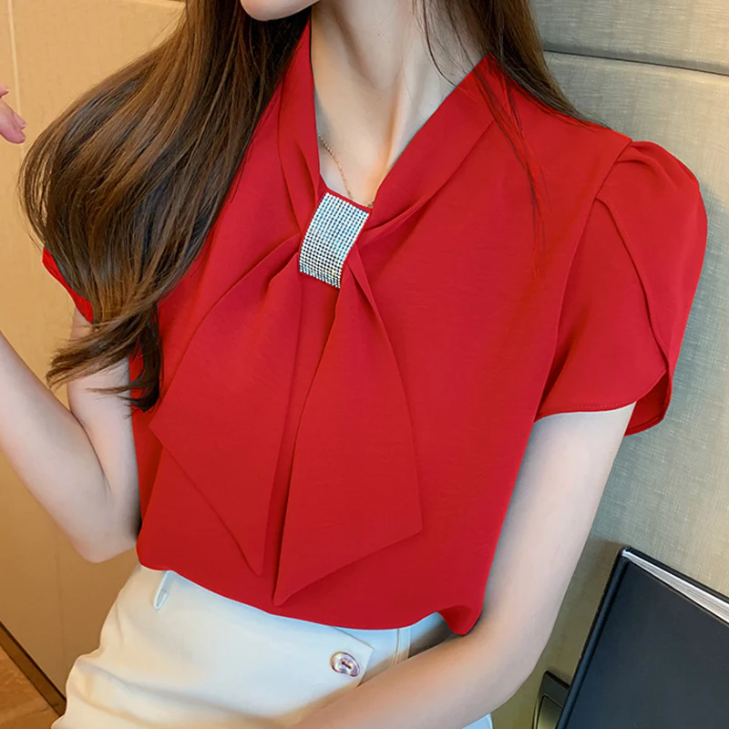 

Blouse Women 2021 Women Blouses Bow V-neck Chiffon Blouse Shirt Women Tops Short Sleeve Women Shirts Blusas Camisas Mujer