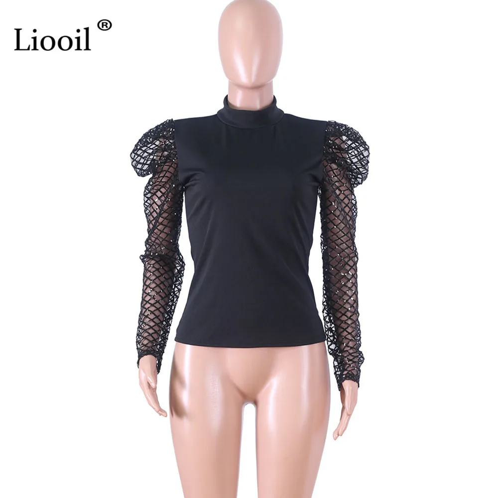 

Liooil Black Sequin Blouse Sheer Top Women Streetwear Long Sleeve Turtleneck See Through Mesh Party Club Womens Tops And Blouses