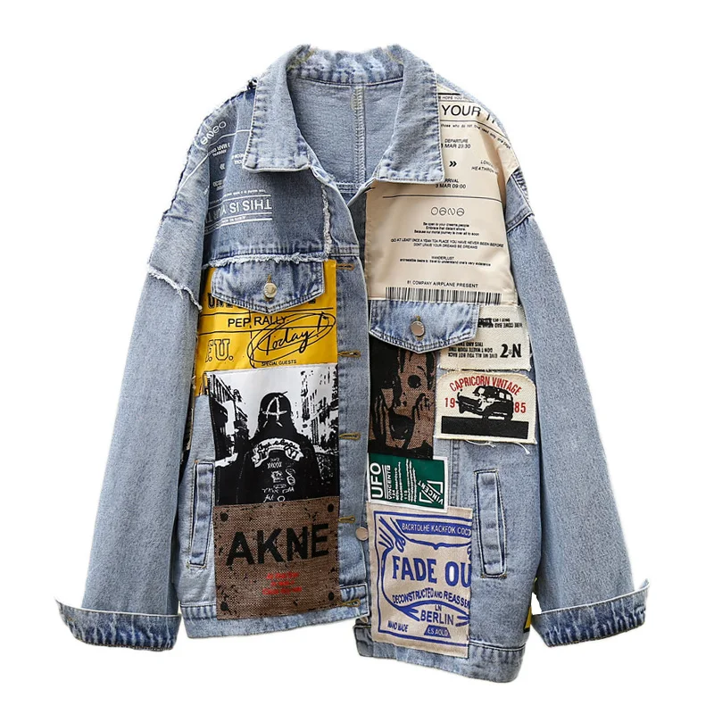 

2020 INS Trendy Jean Jacket Fashion Girls Hip Pop Style Street Graffiti Tops Spring Loose Type Asymmetric Patched Denim Coat