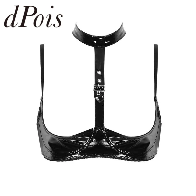 

Womens Wet Look Patent Leather Open Cups Wire-free Shelf Bra Tops Lingerie Halter Neck Adjustable Spaghetti Shoulder Straps Bras