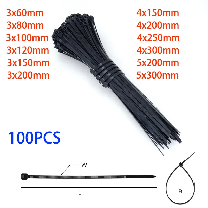 Nylon Cable Ties Self Locking Plastic Loop Wire Black 4x200 5x300MM 3x60mm Wrap Strap Zip Organiser Fasten Tension Belt 100PCS