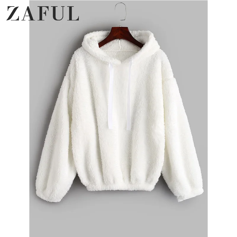 ZAFUL с опущенными плечами из искусственной овчины Толстовка плюшевая пушистая с капюшоном однотонная хлопковая толстовка женский Зимний пуловер Топ