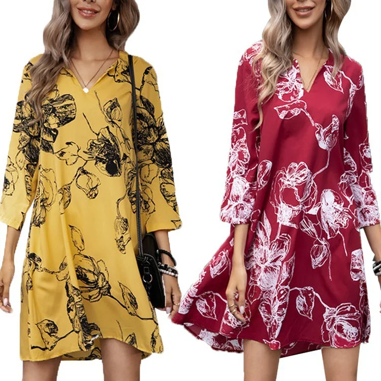 

V-neck Loose Print Graphic Dress Women's Summer Casual Club Party Clothing Seven-point Long Sleeve Women's Dress 2021 Female