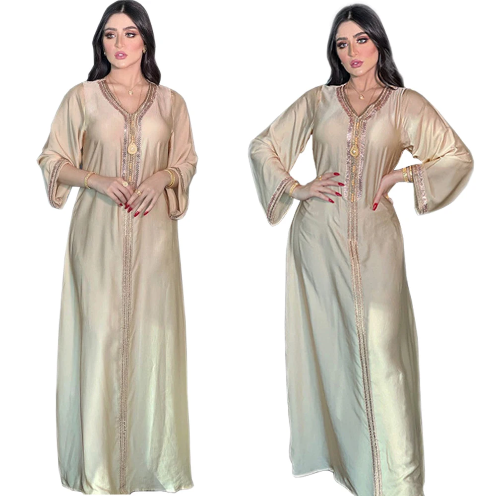 

Abaya Kaftan Solid Color Muslim Women Rhinestone Maxi Robe Gown Dubai Islamic Long Dress Ramadan Moroccan V-neck Fashion Party