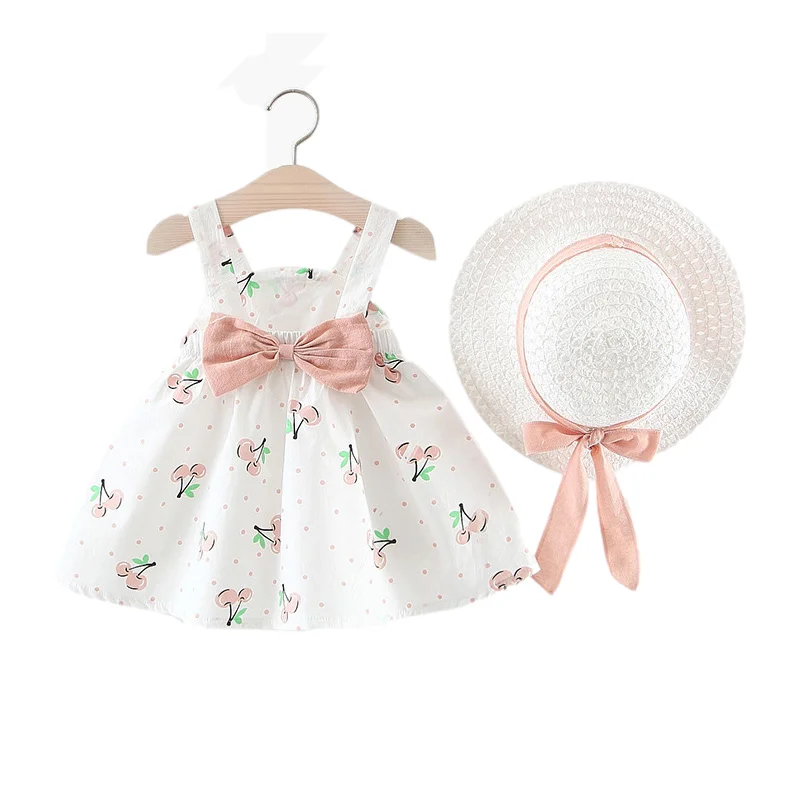 Summer Baby Girl Dress Toddler Girls Clothes 6-24 Months Sleeveless O-neck Print Floral Candy Color Bow Princess Dress With Hat