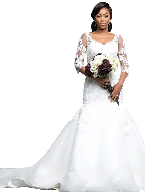 

Plus Size African Mermaid Wedding Dresses with 3/4 Long Sleeve 2020 V-neck Lace Applique Garden Country Bride Gowns Vestidos