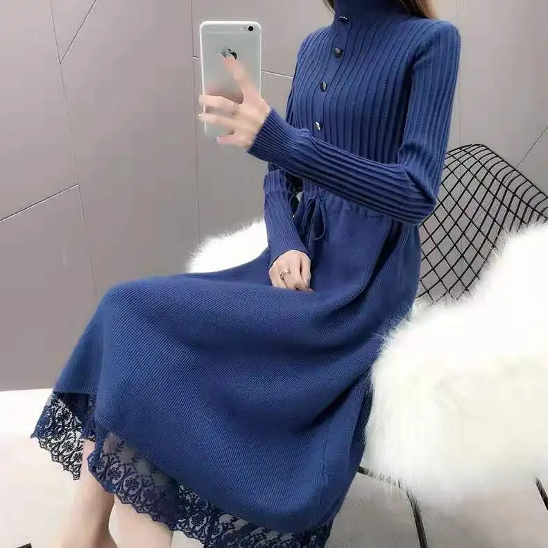 

Women's Knitted Dress Long Knee-Length Skirt Fall/Winter Sweater Dress Woman Dresses Vestido De Mujer Femme Robe
