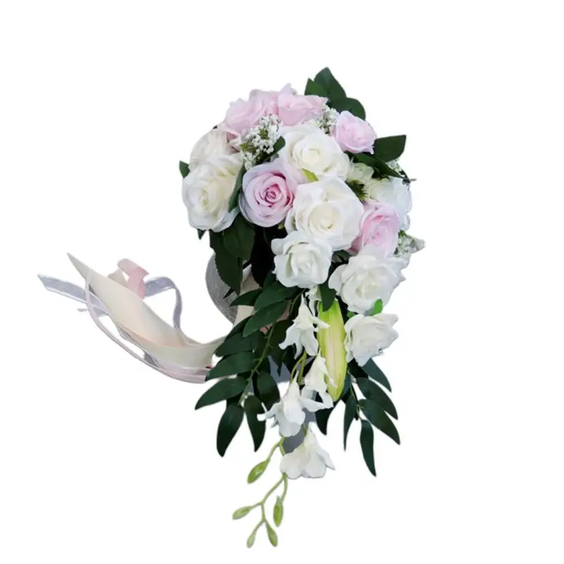

Romantic Wedding Bridal Waterfall Bouquet Artificial Rose Flowers with Ribbon