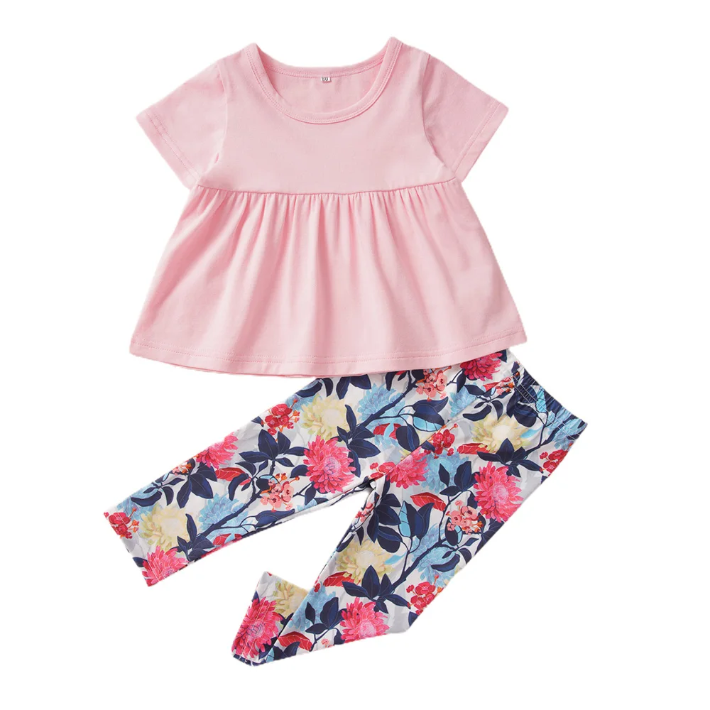 

Kids Girls Floral Print Clothes Short-Sleeve Shirt Tops + Long Pants Outfits Set