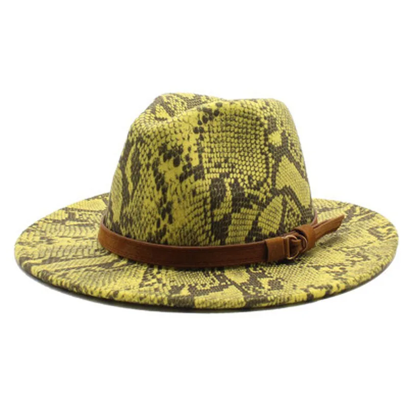 

fedora hats snake print Serpentine band belt women winter hats wide brim designed casual vintage yellow black men women hats new