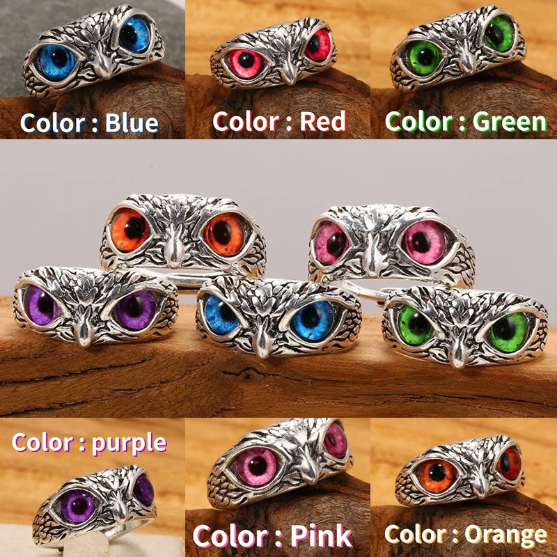 

Vintage Simple Design Owl Ring Men Women Couples Multicolor Eyes Silver Color Engagement Wedding Fashion Popular Rings Jewelry