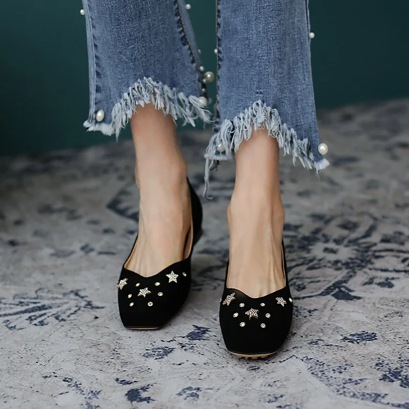 

Autuspin Fashion Design Women Flats 2021 Genuine Leather Suede Stars Crystal Mary Jane Shoes for Female Party Prom Mules Woman