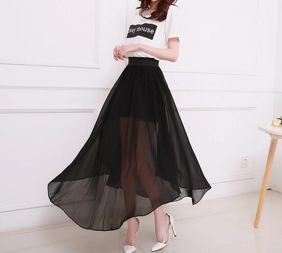 

Free Shipping Women's Summer Chiffon show shin high waisted sexy with Side Slit elastic waistband Skirts mid-calf Solid Skirt