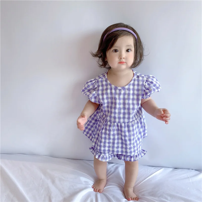

Girl baby summer suit 2021 new plaid short sleeved top + shorts 2 pieces set baby girl clothes set