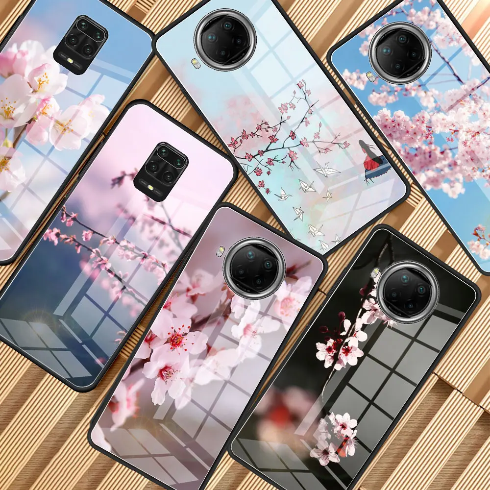 

Tempered Glass Phone Bag For Xiaomi Redmi Note 9S 8 9 10 Pro Max 8T 7 9C 9A 9T 8A K30 Back Cover Bumper Beautiful Flower Cherry