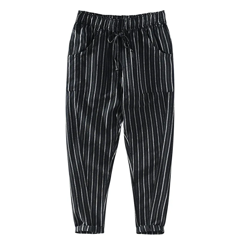 

Spring new men's striped linen leisure pants elastic waist rope linen pants cotton linen elastic pants 3022