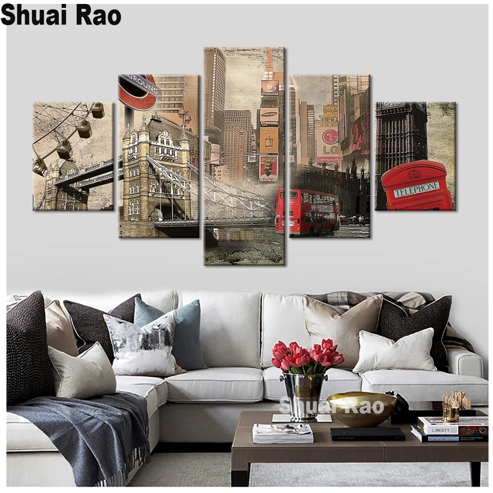 

5 Pieces Britain nightscape buildings diamond embroidery 3d picture diamond painting cross stitch full square round drill,