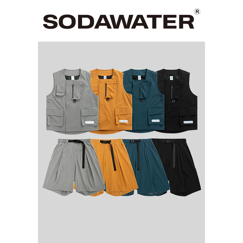 

SODAWATER Men Crago Suit Streetwear Jersey Men Utility Gilet With Pocket & Men Loose Fit Shorter Shorts With Elastic Waist