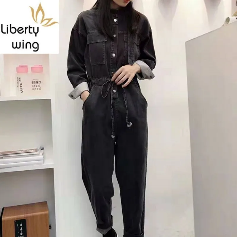 Euro Autumn Womens Cargo Denim Jumpsuits Long Sleeve Stand Collar High Waist Loose Fit Ankle Length Pants Female Casual Overalls