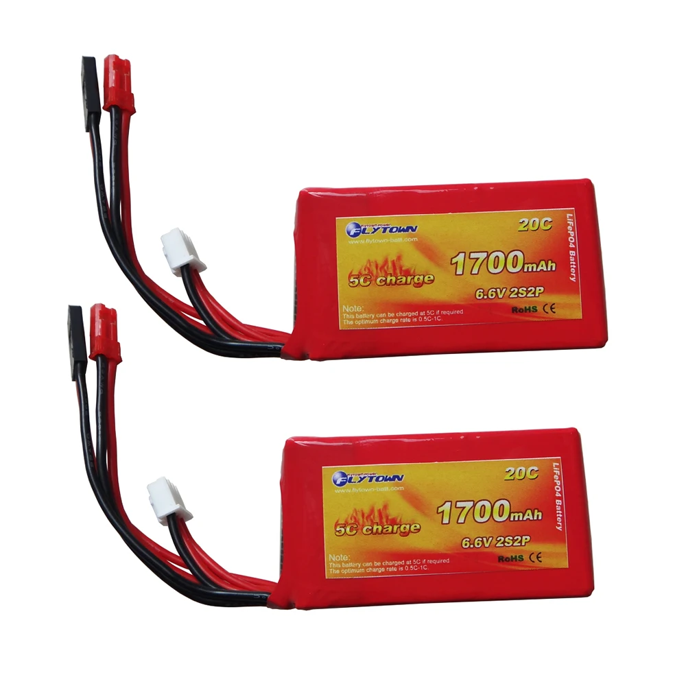 Комплект приемников Flytown Nano-Tech, 1700 мАч, 6,6 в, 20C ~ 40C 2S2P LiFePO4, RX-аккумулятор с разъемом JST и штекером Futaba VS Turnigy, 2 шт.