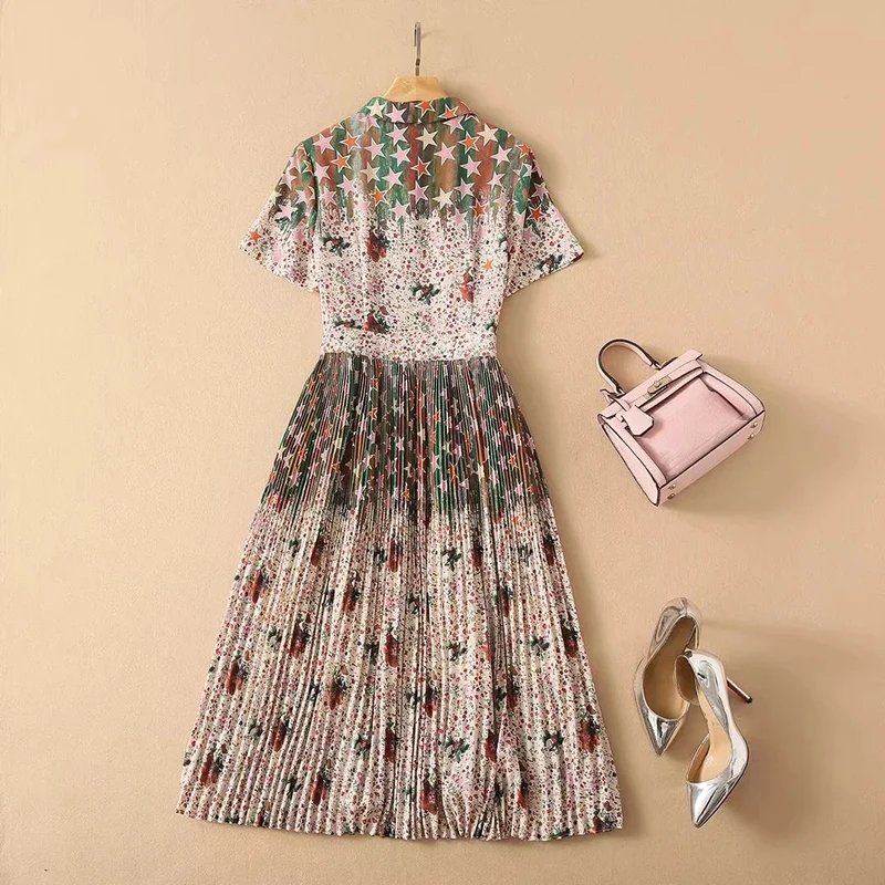 

Summer Runway Fashion Pleated 2021 High Quality Bow Stars Floral Print Elegant Long Party Holiday Dress
