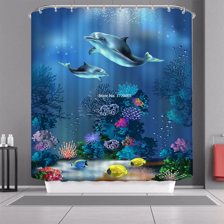 

New Blue Marine Biological Print Shower Curtain Polyester Fabric Waterproof Shower Curtain Bathroom Partition Shower Curtain