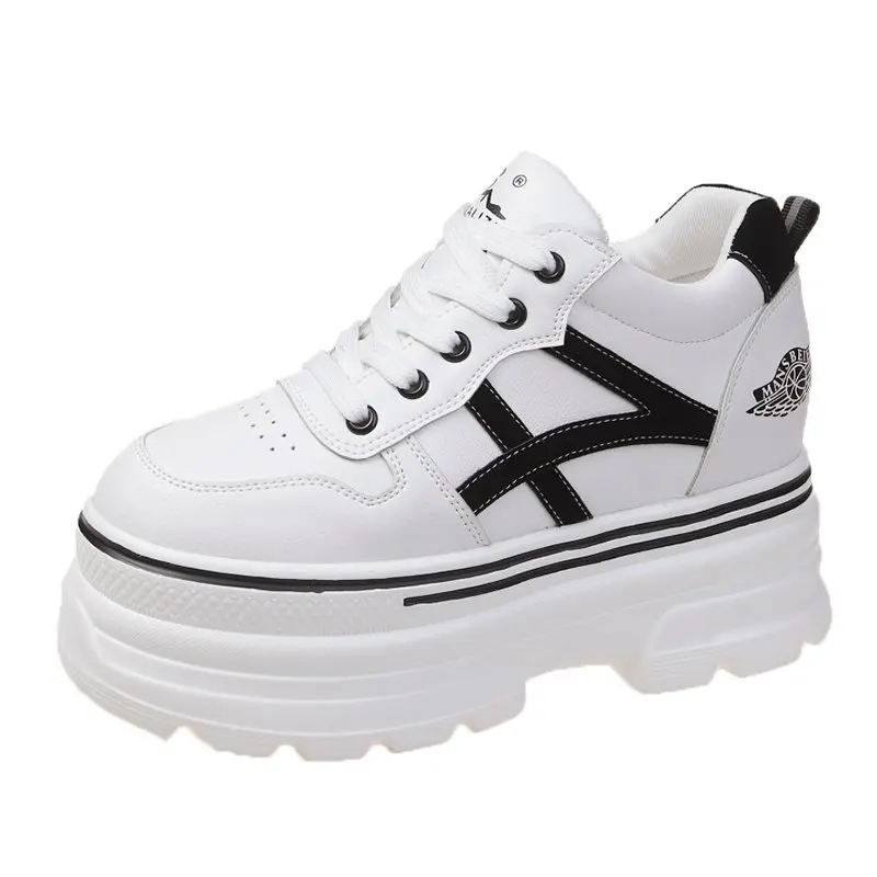 

New Women Chunky Sneakers 2021 Spring Casual Vulcanized Shoes Woman High Platform 8cm Heels Sneakers Woman Lace-up Leather Shoes
