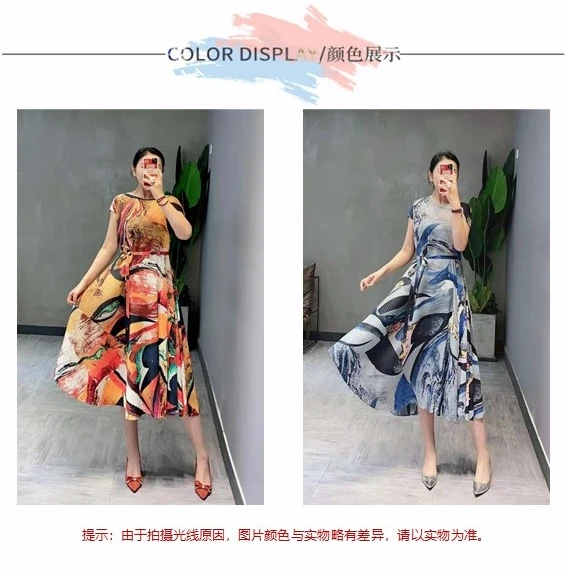 HOT SELLING Miyake new style pleated o-neck dress splice print A-Line dress IN STOCK