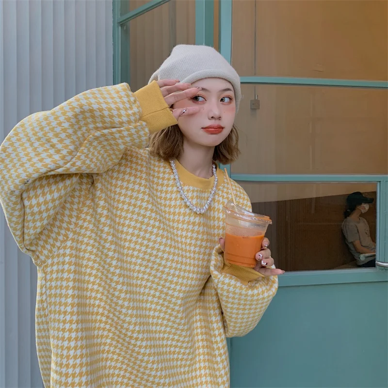 Autumn Long Sleeve Sweatshirts Women Houndstooth Vintage Korean Oversized Lazy O-neck Hoodie Student Chic All-match Tops Trendy | Женская