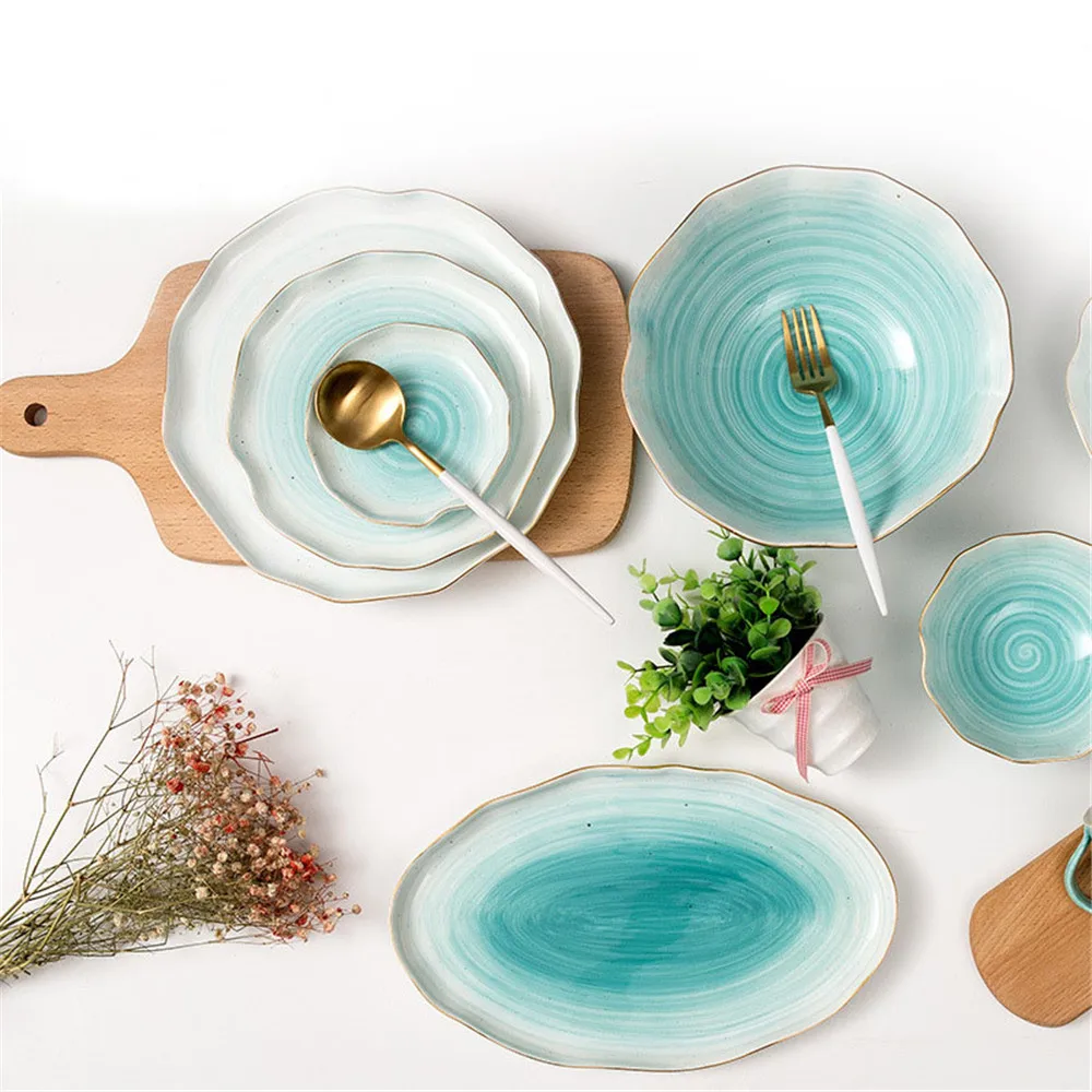 Ceramics Dinner Plate Set Plating Gold Strip Dishes Plates Porcelain Rice Fish Steak Dessert Tableware Irregular Handmade | Дом и сад