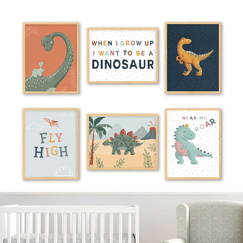 

Kawaii Cartoon Dinosaur Leaf Nursery Boy Wall Art Canvas Painting Nordic Posters And Prints Wall Pictures Baby Kids Room Decor
